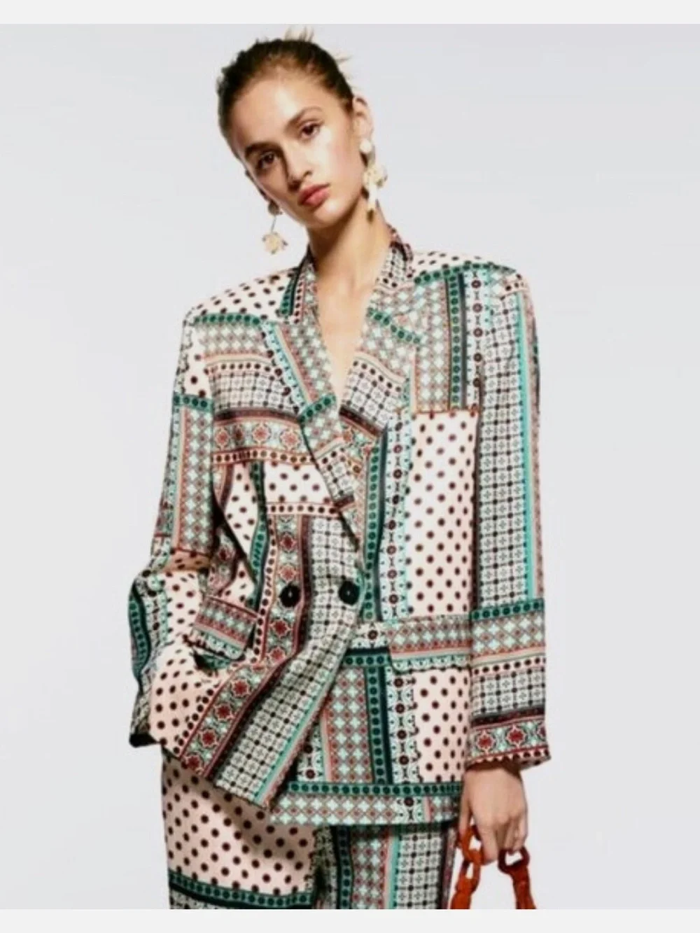 ZARA Retro Patchwork Printed Multicolor Satin-Effect Blazer and matching pants - Picture 2 of 10